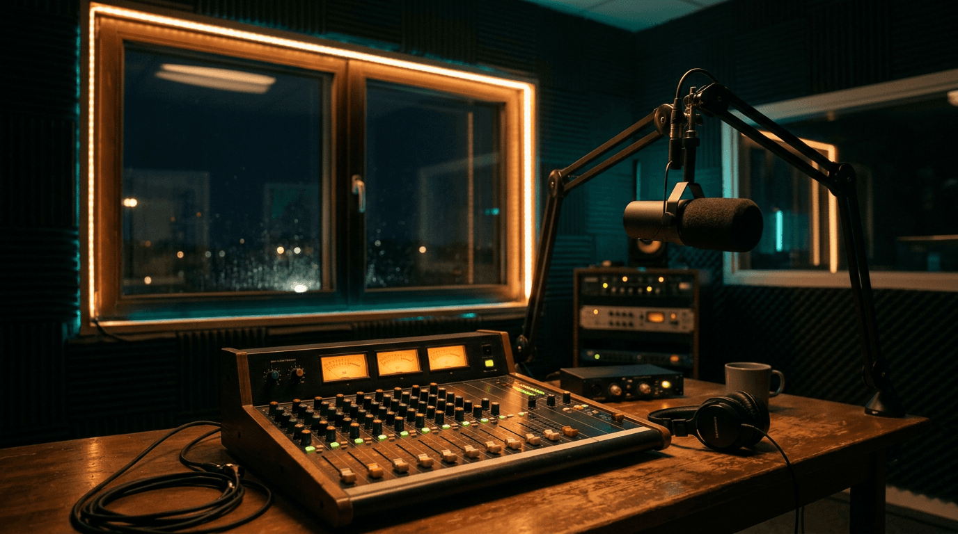 Radio broadcast studio — console, microphone, and warm studio light (placeholder until the Natchez studio photo is ready)